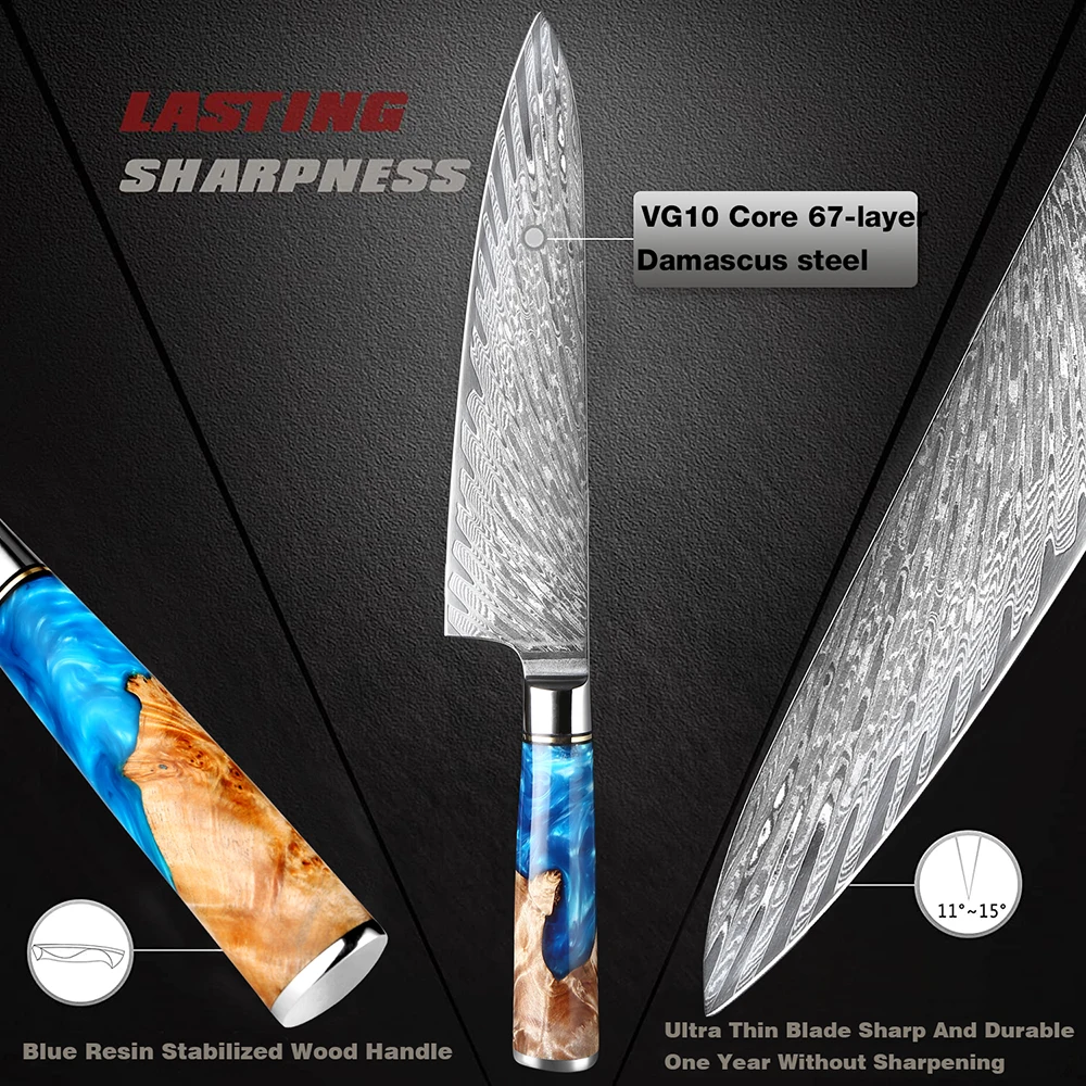 XITUO Kitchen Knives Set Damascus Steel VG10 Chef Knife Cleaver Paring Bread Knife Blue Resin Stabilised Wood Handle 1-7PCS set XITUO Kitchen Knives Set Damascus Steel VG10 Chef Knife Cleaver Paring Bread Knife Blue Resin Stabilised Wood Handle 1-7PCS set