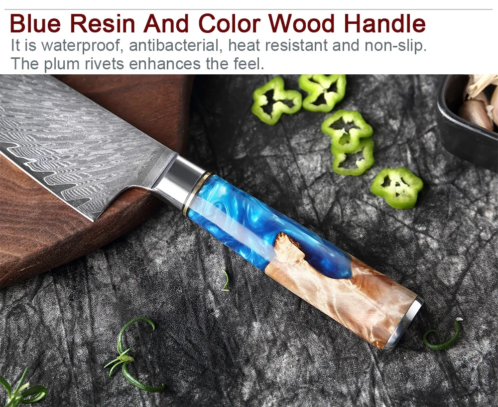 XITUO Kitchen Knives Set Damascus Steel VG10 Chef Knife Cleaver Paring Bread Knife Blue Resin Stabilised Wood Handle 1-7PCS set XITUO Kitchen Knives Set Damascus Steel VG10 Chef Knife Cleaver Paring Bread Knife Blue Resin Stabilised Wood Handle 1-7PCS set