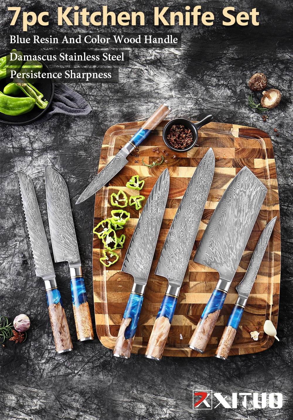 XITUO Kitchen Knives Set Damascus Steel VG10 Chef Knife Cleaver Paring Bread Knife Blue Resin Stabilised Wood Handle 1-7PCS set XITUO Kitchen Knives Set Damascus Steel VG10 Chef Knife Cleaver Paring Bread Knife Blue Resin Stabilised Wood Handle 1-7PCS set