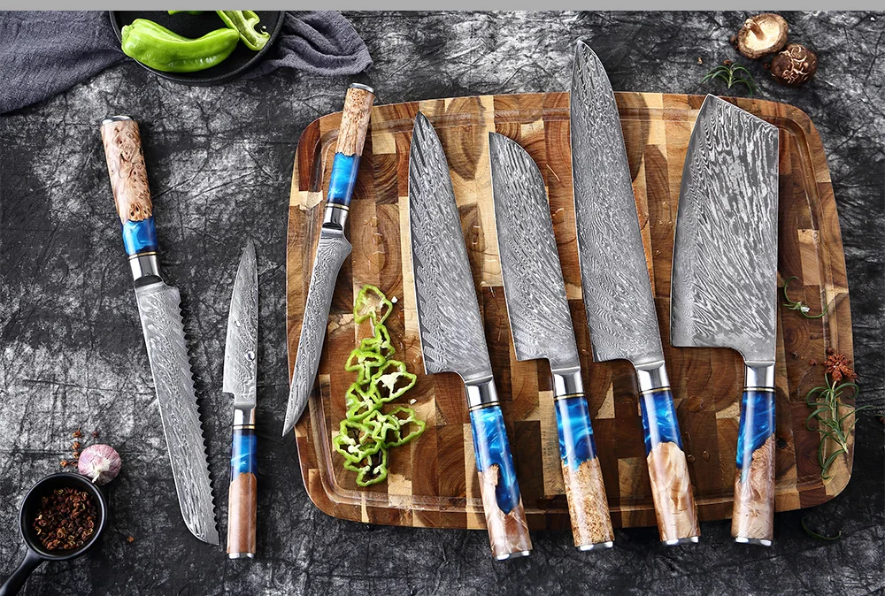 XITUO Kitchen Knives Set Damascus Steel VG10 Chef Knife Cleaver Paring Bread Knife Blue Resin Stabilised Wood Handle 1-7PCS set XITUO Kitchen Knives Set Damascus Steel VG10 Chef Knife Cleaver Paring Bread Knife Blue Resin Stabilised Wood Handle 1-7PCS set