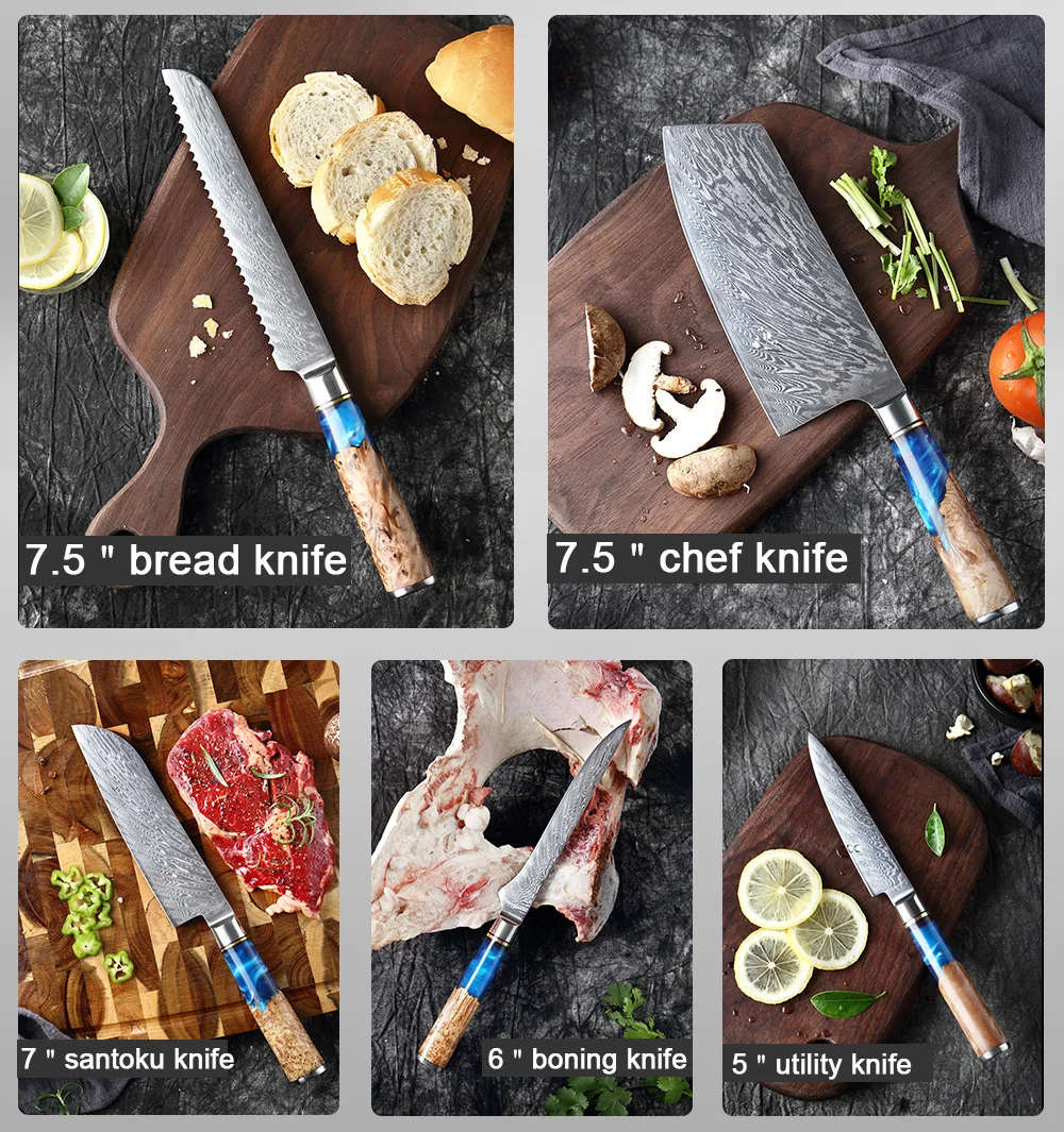 XITUO Kitchen Knives Set Damascus Steel VG10 Chef Knife Cleaver Paring Bread Knife Blue Resin Stabilised Wood Handle 1-7PCS set XITUO Kitchen Knives Set Damascus Steel VG10 Chef Knife Cleaver Paring Bread Knife Blue Resin Stabilised Wood Handle 1-7PCS set