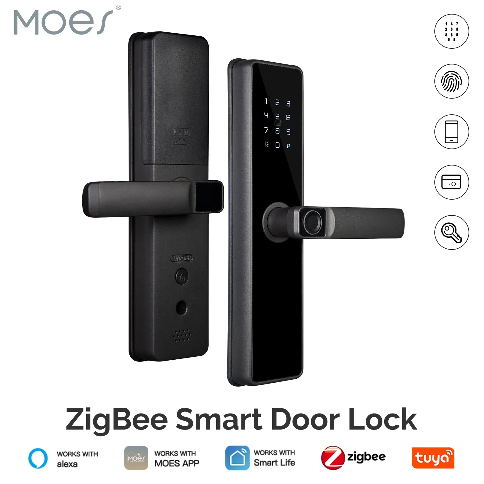 MOES Tuya ZigBee Smart Door Lock Indoor Password Fingerprint Remote Unlock Keycard Tamper Alarm Battery Powered Work With Alexa MOES Tuya ZigBee Smart Door Lock Indoor Password Fingerprint Remote Unlock Keycard Tamper Alarm Battery Powered Work With Alexa
