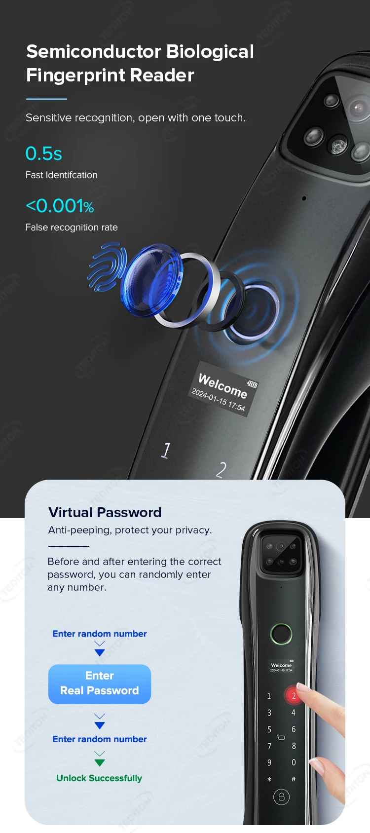 Tediton Waterproof Outdoor Automatic Electric Wireless Camera Fingerprint Digital Tuya 3d Facial Recognition Smart Door Lock Tediton Waterproof Outdoor Automatic Electric Wireless Camera Fingerprint Digital Tuya 3d Facial Recognition Smart Door Lock