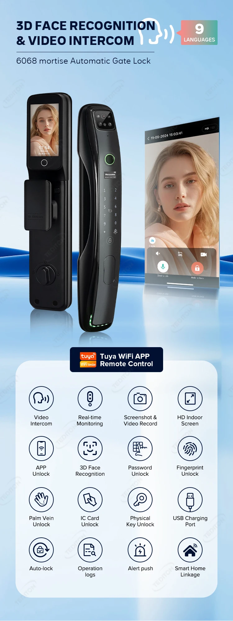 Tediton Waterproof Outdoor Automatic Electric Wireless Camera Fingerprint Digital Tuya 3d Facial Recognition Smart Door Lock Tediton Waterproof Outdoor Automatic Electric Wireless Camera Fingerprint Digital Tuya 3d Facial Recognition Smart Door Lock