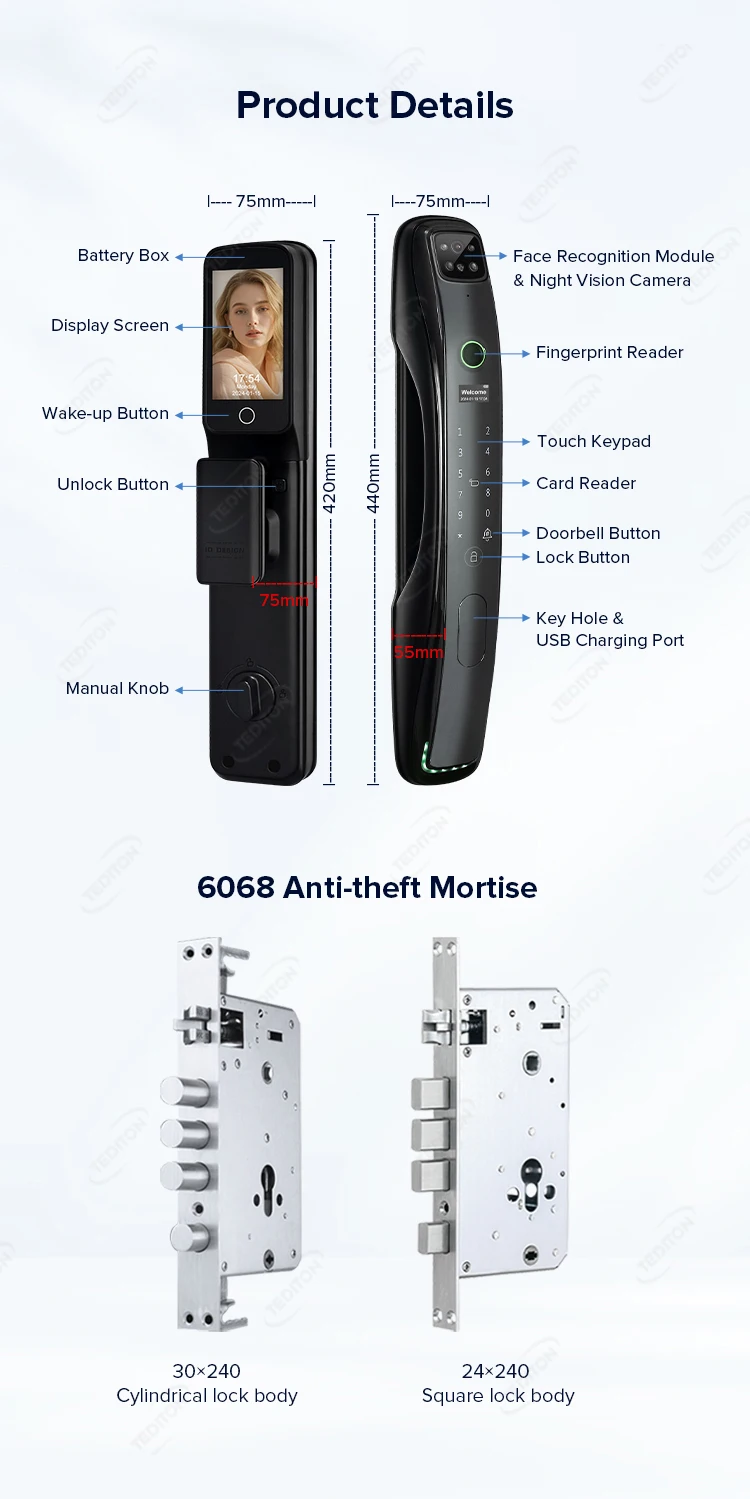 Tediton Waterproof Outdoor Automatic Electric Wireless Camera Fingerprint Digital Tuya 3d Facial Recognition Smart Door Lock Tediton Waterproof Outdoor Automatic Electric Wireless Camera Fingerprint Digital Tuya 3d Facial Recognition Smart Door Lock